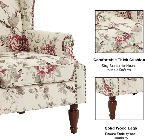 Miniatura 4 de Silla decorativa floral con respaldo alto, sillón tapizado con patas de madera maciza, cómodo sofá individual de lectura con respaldo alado
