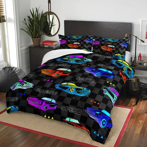 Miniatura 2 de AILONEN - Juego de edredón para niños con dibujos animados de autos, tamaño completo, juego de ropa de cama colorida para niños, genial edredón