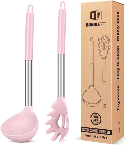 Miniatura 13 de Juego de tenedor y cucharón de silicona para pasta, utensilios de cocina grandes antiadherentes para cocinar, agitar, servir espaguetis, sopa, salsa