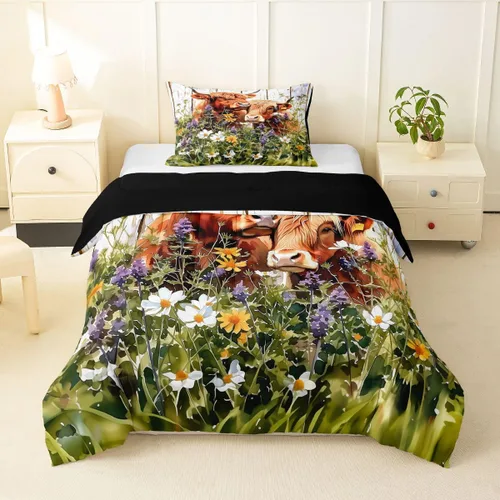 Miniatura 35 de Juego de ropa de cama de vaca de las tierras altas, edredón de ganado de las tierras altas, juego de edredón rosa floral de vaca occidental, juego