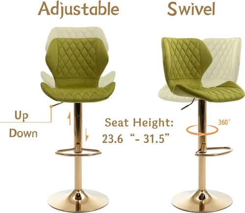 Miniatura 5 de Juego de 2 taburetes de bar de terciopelo ajustables verdes con patas doradas, modernas sillas de bar giratorias para isla de cocina, comedor, bar