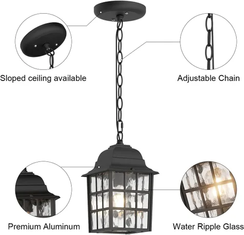 Miniatura 5 de Lámpara colgante al aire libre, linterna colgante de techo exterior para porche con vidrio de agua, luz de linterna colgante al aire libre, lámpara
