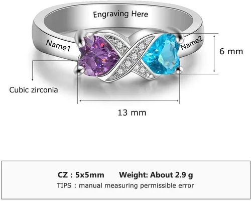 Miniatura 4 de Anillo personalizado para madres infinitas con 2 piedras natales de imitación de corazón, anillos de compromiso para mujer