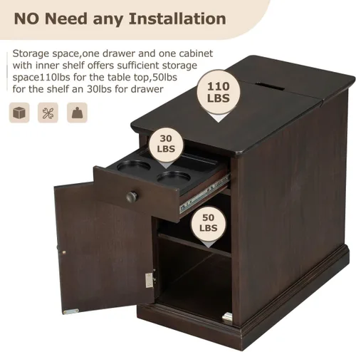 Miniatura 4 de Mesa auxiliar pequeña con estación de carga, puertos USB, bandeja extraíble oculta, mesa auxiliar con armario de almacenamiento, mesa decorativa