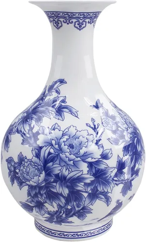 Miniatura 6 de Dahlia Jarrón azul y blanco, florero hecho a mano de porcelana de hueso, pájaros en arbusto de peonía, forma de granada 6.5 pulgadas