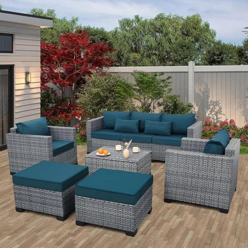 Miniatura 10 de Lviden Juego de 6 muebles de mimbre para patio, juego de conversación al aire libre, sofá seccional de ratán de polietileno de alta densidad