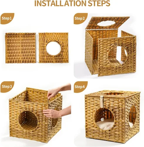 Miniatura 5 de Mewoo Ratten Cat House Condominio con ratán interactivo de bola colgante * 4 juguetes y cojín de algodón, cama cerrada de mimbre para gatos