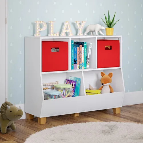Miniatura 2 de RiverRidge Catch-All - Organizador de juguetes para niños de 35 pulgadas de ancho con 3 cubos y 2 contenedores de almacenamiento, color blanco puro