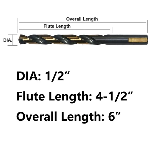 Miniatura 2 de Juego de 6 brocas helicoidales HSS de 1/2 pulgada de oro negro, punta dividida de 135 grados, broca de metal Jobber, uso general para uso en acero