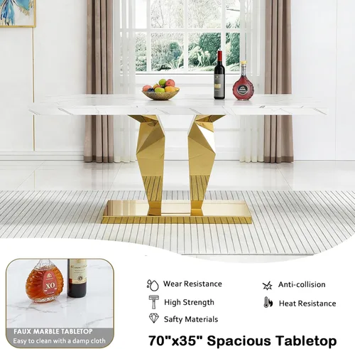 Miniatura 4 de Juego de 5 mesas de comedor de mármol sintético, juego de mesa de cocina y comedor para 4, mesa de comedor rectangular blanca de 70 pulgadas