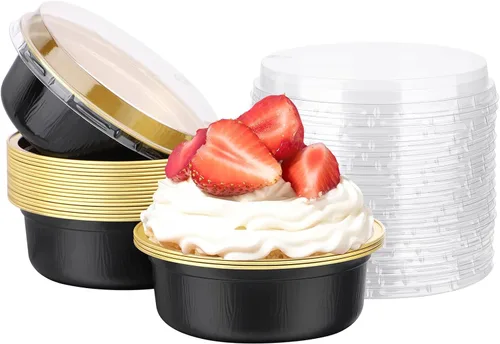 Miniatura 79 de Beasea Ramequines con tapas, 8oz 50 unidades de tazas de aluminio desechables para hornear, tazas de papel de aluminio plateado para creme brulee