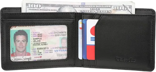 Miniatura 5 de Cartera delgada de cuero para hombre, billetera pequeña con bolsillo frontal con bloqueo RFID, ventana de identificación