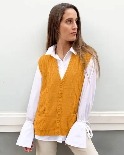 Miniatura 3 de TINKUY Chaleco peruano de lana de alpaca con cuello en V y rombos para mujer, S-4XL