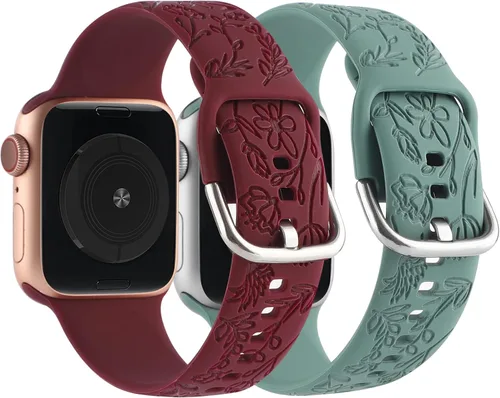 Miniatura 3 de Paquete de 2 correas deportivas grabadas con flores compatibles con correas de Apple Watch de 1.496 pulgadas, 1.575 pulgadas, 1.614 pulgadas, Vino