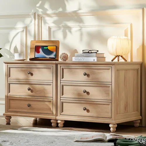 Miniatura 27 de Joaxswe Mesita de noche estilo granja con estación de carga, mesa auxiliar de 61 cm de ancho con 2 cajones, cómoda natural para dormitorio, cómoda