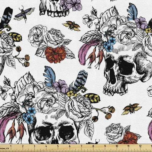 Miniatura 121 de Ambesonne The Yard, tela de calavera colorida con temática de Halloween, diseño de calavera y huesos cruzados, divertido estampado de dibujos