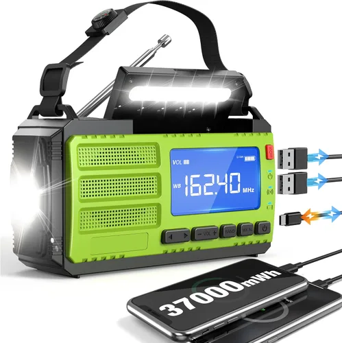 Miniatura 9 de Radio de emergencia 10000mAh/37000mWh, radio solar, radio de manivela, radio meteorológica NOAA AM FM, 4 métodos de carga, batería de polímero