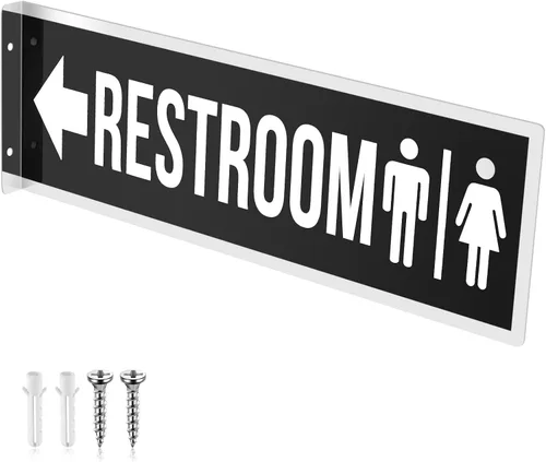 Miniatura 8 de 2 letreros de metal de doble cara de 12 x 4 pulgadas, bandera de baño de aluminio negro para negocios, baño, puerta, baños, decoración de pared