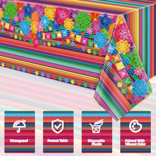 Miniatura 4 de Mantel de plástico para fiesta mexicana, 4 unidades, diseño de flores de papel a rayas mexicanas, decoración rectangular para fiesta de taco