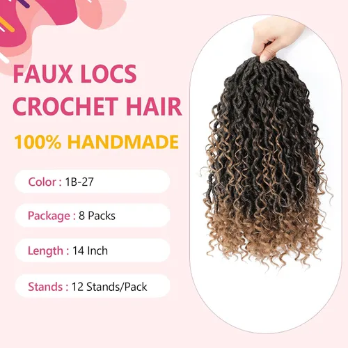 Miniatura 5 de 8 Paquetes de Rastas Falsas Bohemias de Ganchillo de 14 Pulgadas, Rastas Suaves de Ganchillo con Extremos Rizados, Pre-enrolladas, Cabello de 1B/27#