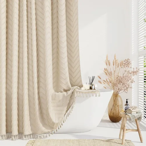 Miniatura 14 de Dynamene - Cortina de ducha de tela bohemia con rayas con chebrón en relieve, juego de cortina angosta para baño, media cortina impermeable