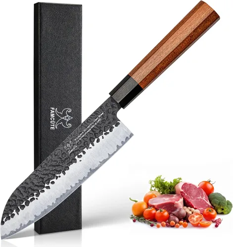Miniatura 11 de FAMCÜTE Cuchillo japonés de 8 pulgadas, forjado a mano de 5 capas de alto carbono 9CR18MOV de acero con mango de palisandro, cuchillo de cocina