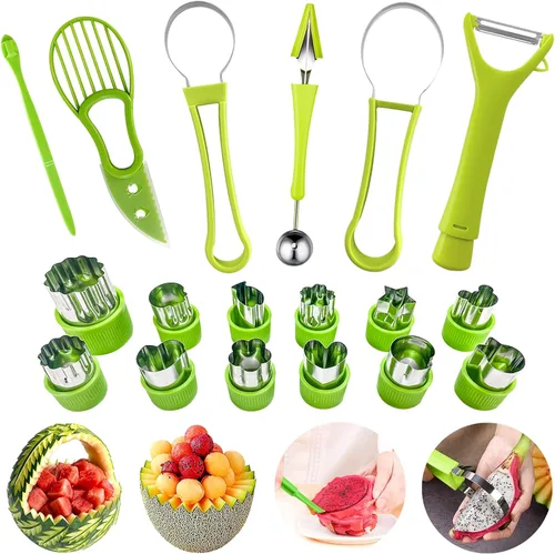 Juego de 18 cucharas de melón Baller, juego de pelador de frutas de acero inoxidable 4 en 1, cortador de aguacate, pelador de naranja, frutas y