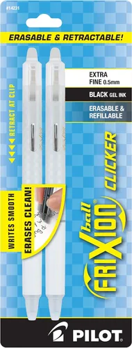 PILOT FriXion Ball Clicker - Bolígrafo retráctil de tinta de gel borrable, punta extrafina, 0.020 in, barril blanco, tinta negra, paquete de 2