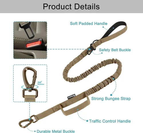 Miniatura 3 de Juego de collar y correa táctica para perro: collar de perro de nailon ajustable con asa que absorbe los golpes, correa retráctil fuerte para perros