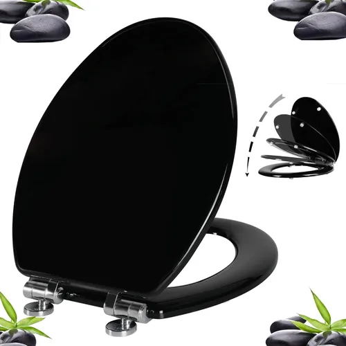 Angel Shield - Asiento para inodoro con bisagras de aleación de zinc, cierre silencioso, liberación rápida, tapa UV de madera moldeada, fácil de