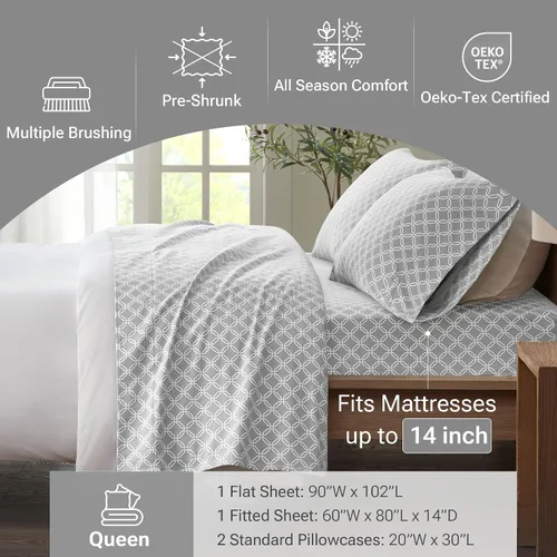 Miniatura 4 de Sleep Philosophy - Juego de sábanas True North de franela de 100 % algodón, ultrasuaves y acogedoras para clima frío, diseño geométrico gris