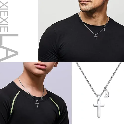 Miniatura 3 de Collar de cruz con inicial para niños y hombres, de acero inoxidable, dije de cruz con letra inicial, joyería para primera comunión, regalos