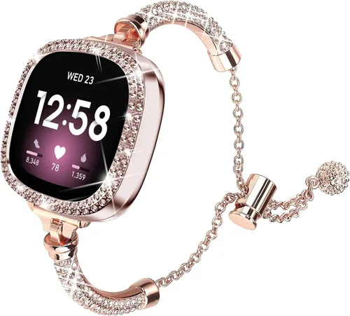 Miniatura 8 de Correa de reloj brillante compatible con Fitbit Versa 4/Fitbit Sense 2 para mujer, correa ajustable de aleación de cristal con diamantes