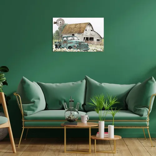 Miniatura 8 de Apicoture Decoración de casa de campo, cuadros artísticos de pared, molino de viento de granero, verde azulado, lienzo para automóvil, arte rústico