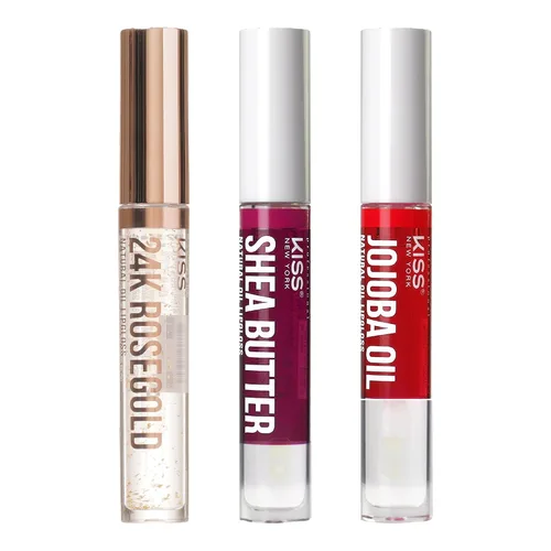 Kiss New York Paquete de 3 aceites para labios, aceite hidratante no pegajoso, brillo labial transparente de aceite 100% natural, hidratante labial