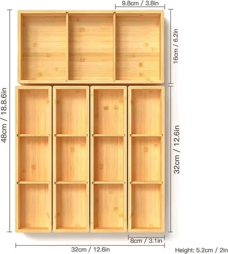 Miniatura 2 de DUJEN 5 piezas Organizador de cajones de bambú ajustable, organizador de 3 cajones individuales para basura para baño y cocina, cajas organizadoras