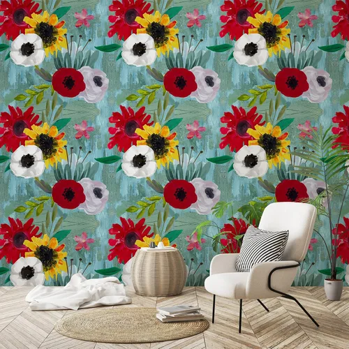 Miniatura 7 de CRE8TIVE Papel tapiz floral floreciente de 24 x 118 pulgadas, papel tapiz azul para despegar y pegar, papel de contacto con flores rojas, blancas
