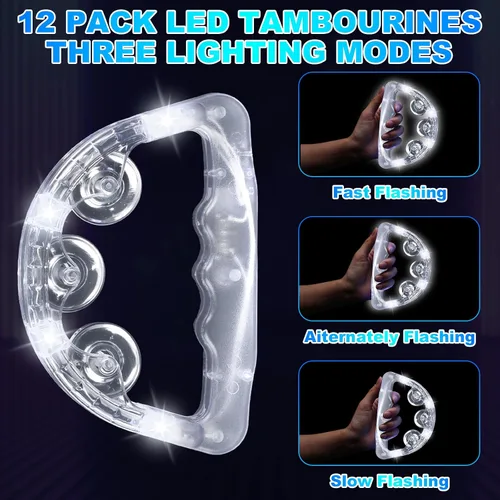 Miniatura 4 de Yunsailing Paquete de 24 panderetas con luz LED, juguetes de percusión de mano que brillan en la oscuridad, suministros de fiesta para adolescentes