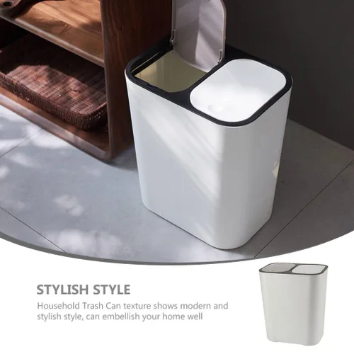 Miniatura 3 de Bote de basura de doble compartimento para residuos de cocina, contenedor de basura blanco con tapa para separación seca y húmeda, elegante cubo