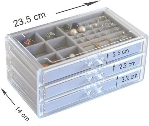 Miniatura 6 de HerFav Joyero de acrílico para mujer con 3 cajones para anillos, aretes y collares, estuche compacto para joyería, gris transparente