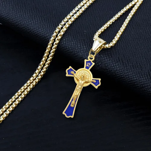 Miniatura 5 de 12 dijes de cruz de diamantes de imitación de cristal de 6 colores, esmalte de aleación, medalla de San Benito, colgantes de crucifijo INRI