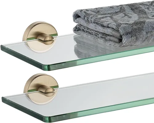 Miniatura 11 de JQK Estantería de baño de vidrio bronce, estante con toallero de 15 pulgadas de vidrio templado, almacenamiento para ducha de 16 por 5 pulgadas