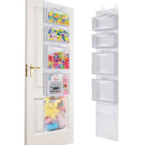 Miniatura 10 de Woodoulogy Organizador y almacenamiento para colocar sobre la puerta, soporte de juguetes colgante con 4 bolsas extraíbles transparentes, funda