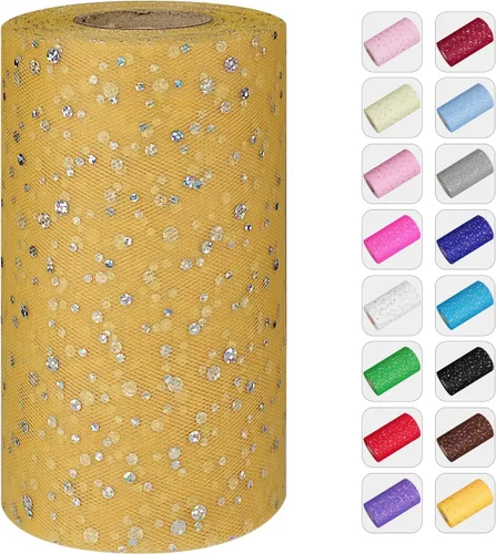 Miniatura 22 de Rollos de tul con purpurina, 6 pulgadas por 50 yardas (150 pies) de tela de tul de tela de tul para faldas tutú, costura, cumpleaños, boda, Azul real