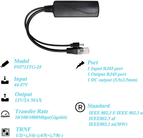 Miniatura 4 de Revotech divisor PoE Gigabit 48V a 12V 2A, 5.5x2.5mm DC IEEE 802.3af/at estándar divisor adaptador de alimentación a través de Ethernet para cámara