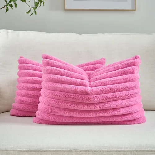 Miniatura 76 de FUTEI - Juego de 2 fundas de almohada decorativas con rayas, cuadradas, para invierno, piel sintética de conejo suave y acogedora y respaldo