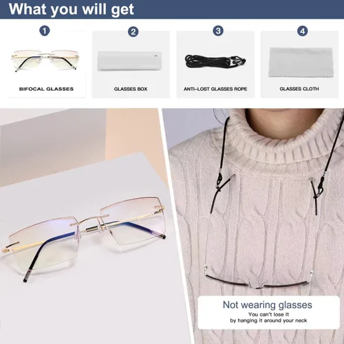 Miniatura 7 de K.LAVER Lentes de lectura bifocales para hombres y mujeres, sin marco, con bloqueo de luz azul, lentes de corte de diamante, lentes de titanio