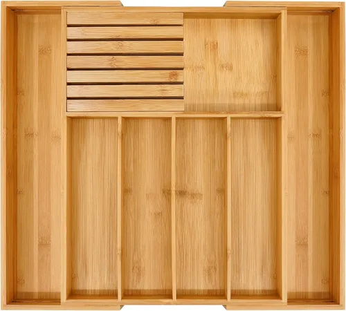 Miniatura 9 de VaeFae Organizador de cubiertos de bambú, soporte para utensilios para cajón, bandeja de cubiertos de madera con separador para cajón de cocina