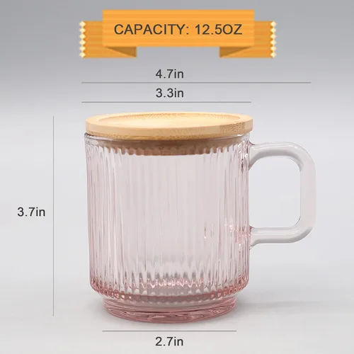 Miniatura 7 de Lysenn - Taza de café de cristal rosa con tapa, taza de té clásica de rayas verticales de primera calidad para Latte Té Chocolate Jugo Agua - Sin