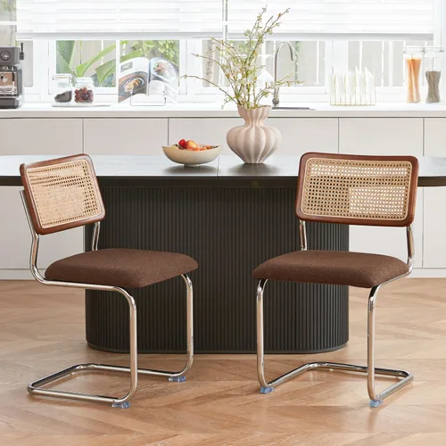 Miniatura 13 de GrandNoor Juego de 2 sillas de comedor de ratán negro con cromo, sillas de cocina de madera modernas de mediados de siglo, sillas de comedor